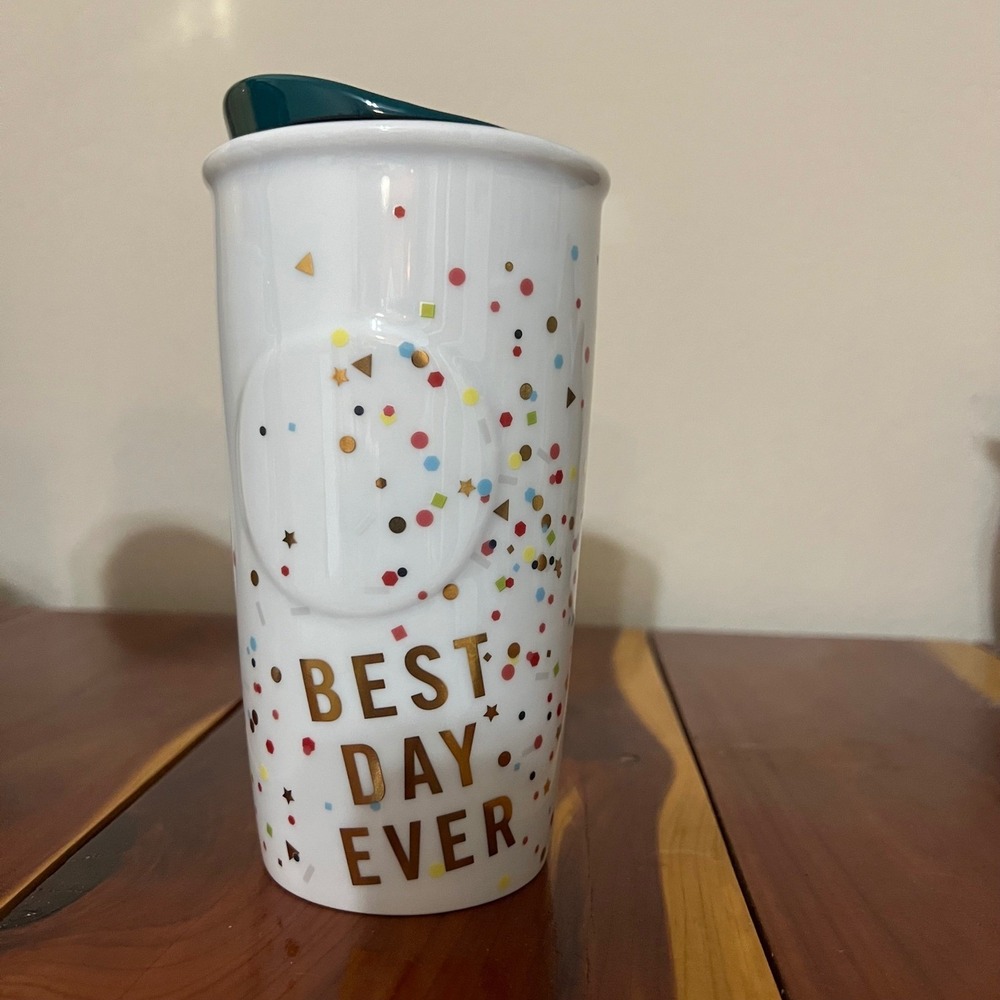 Starbucks 2015 Best Day Ever Confetti Ceramic Travel Tumbler Mug Teal Lid 10oz
